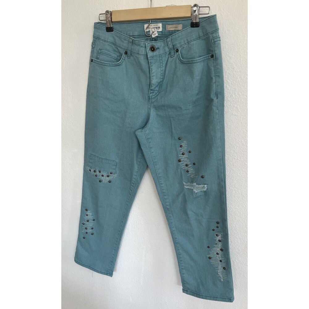 LOGO Lori Goldstein Teal Embellished Special Edition Straight Leg Jeans 4P Rare